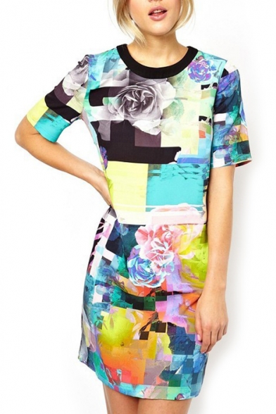 Short Sleeve Vintage Flower&Colorful Checker Print Slim Dress