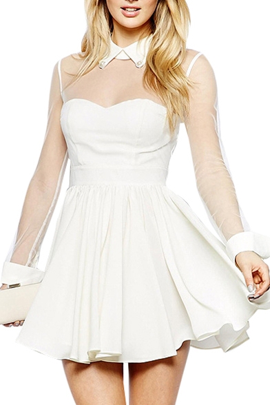 White Top Sheer Mesh Panel Style A-line Lapel Dress