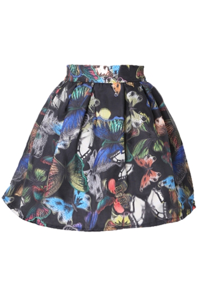 Black Background 3D Butterfly Print Pleated A-line Skirt