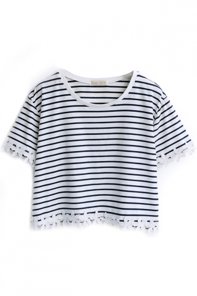 Blue Striped Lace Trimmed Crop T-Shirt