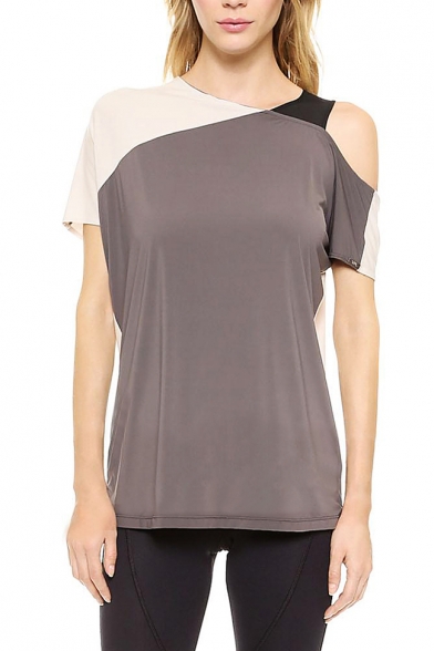Color Block Short Sleeve Tee with One Shoulder Open