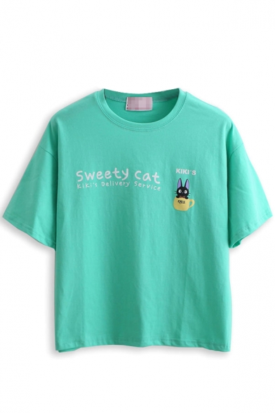 Green Cat Letter Print Short Sleeve T-Shirt