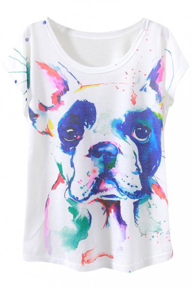 Ink Color Dog Print White Short Sleeve T-Shirt