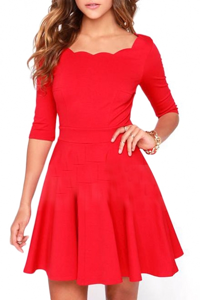 Lady Style Curve Scoop Neck Slim A-line Dress with 1/2 Sleeve