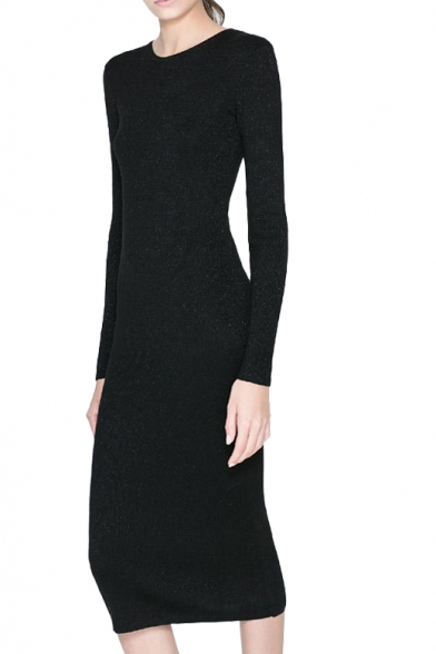 Long Sleeve Concise Black Knitted Tea Length Slim Dress
