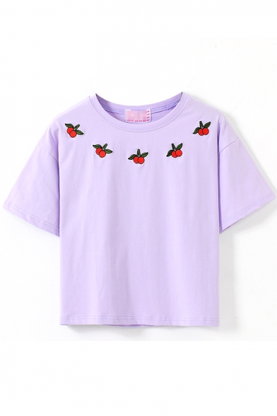 Purple Short Sleeve Cherry Embroidered Crop T-Shirt