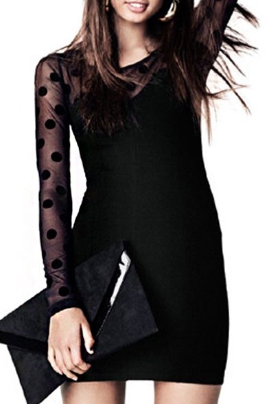 Skinny Sheer Polka Dot Panel Black Dress