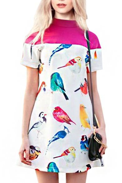 Stand Collar Bird Print Short Sleeve Dress