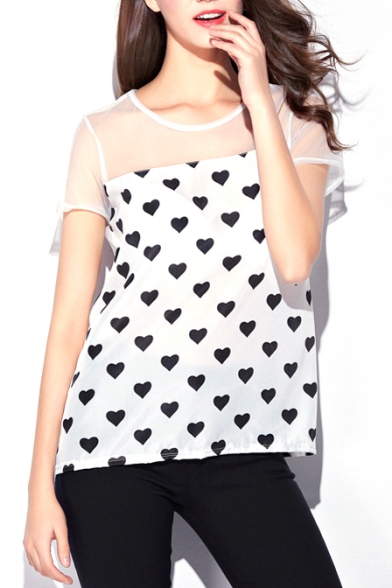 White Background Black Heart Print Mesh Panel Chiffon T-Shirt