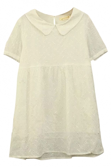 White Geometry Embroidered Cutout Short Sleeve Lapel Blouse
