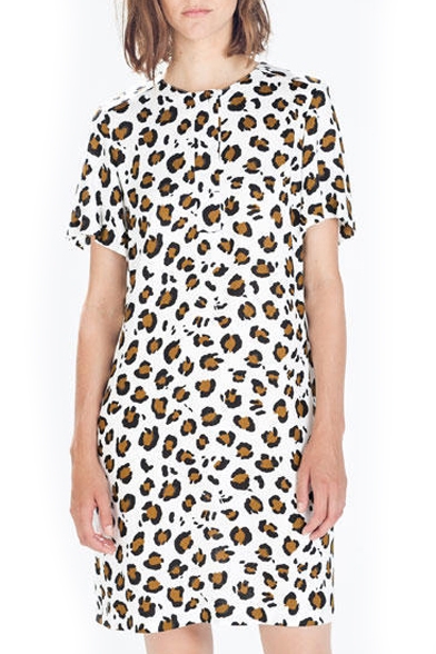 White Short Sleeve Leopard Print Zip Back Dress