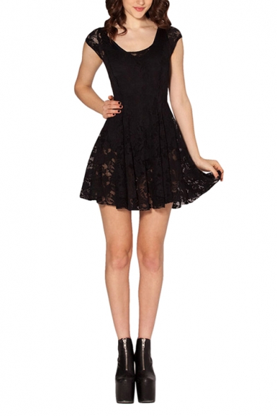 Black Lace Illusion Cutwork Babydoll Dress - Beautifulhalo.com