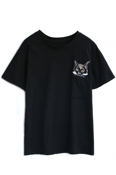 Black Pocket Embroidered Cat Head T-Shirt