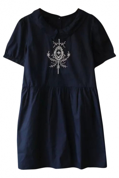 Dark Blue Short Sleeve Vintage Mirror Embroidered Babydoll Dress