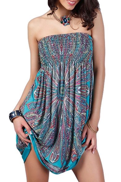 Fashionable Elastic Chest Strapless Flower Print Dress