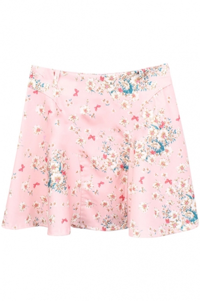 Pink Background White Flora A-line Skirt