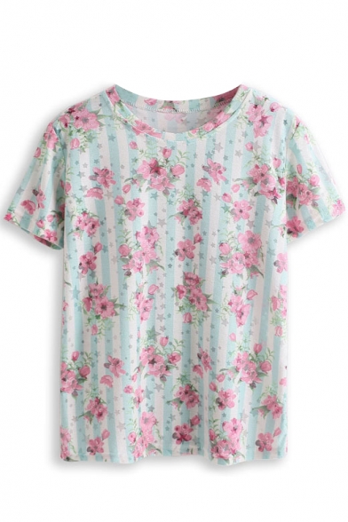 Striped Floral Print Short Sleeve Tee