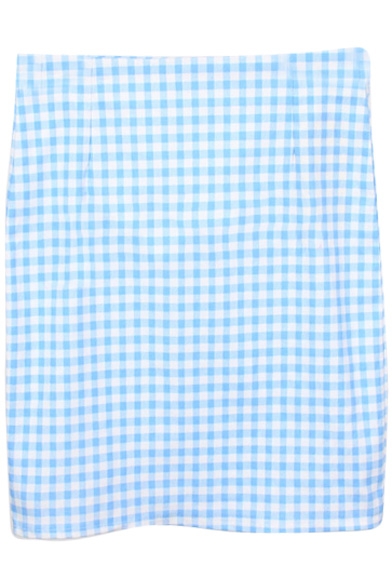 Sky Blue&White Gingham Bodycon Skirt