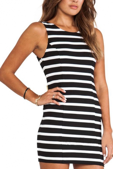 Stripe V-Back Embellished with Bow Sleeveless Dress