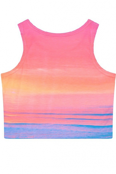 Summer Hot Ombre Print Fitted Round Neck Crop Tanks - Beautifulhalo.com