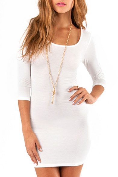 White 3/4 Sleeve Cutout Back Fitted Dress