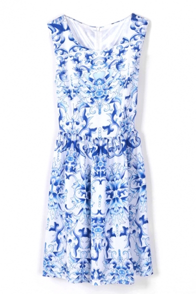 White Sleeveless Blue Floral Print Gathered Waist Tank Dress
