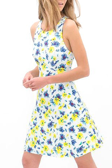 White Sleeveless Blue&Yellow Flora Tanks Dress