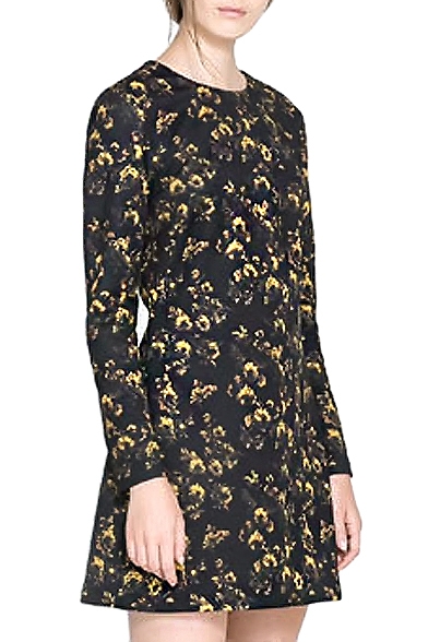 Yellow Floral Print Long Sleeve Zipper Dress
