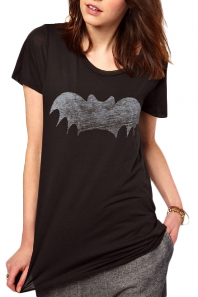 Black Short Sleeve Bat Man Print T-Shirt