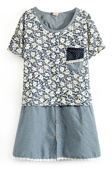 Blue Short Sleeve Flora Pocket Appliques Buttoned Panel Style Dress
