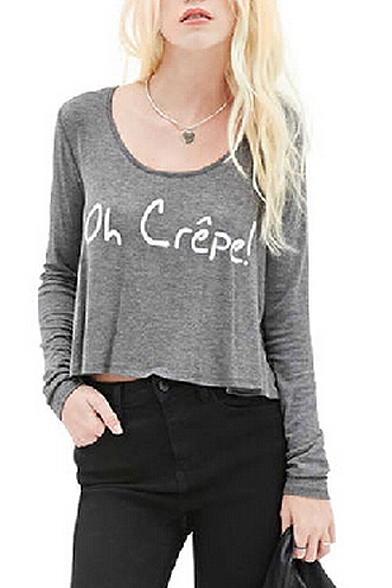 Gray Long Sleeve French Letters Crop T-Shirt