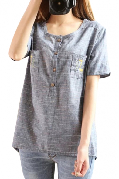 Gray Short Sleeve Double Pockets Giraffe Embroidered Button Fly Blouse