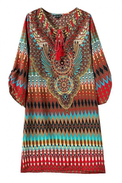 Round Neck 3/4 Sleeve Ethnic Totem Radio Wave Print Shift Dress