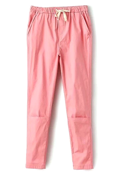 Pink Drawstring Waist Slim Crop Harem Pants