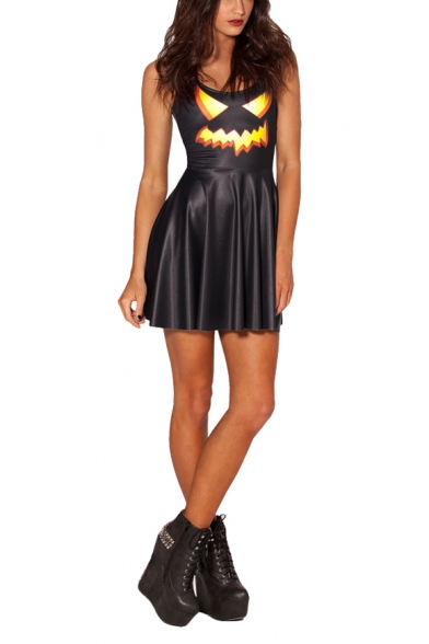 Pumpkin Lantern Print Black Tank A-line Dress