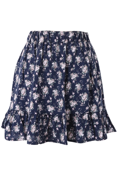 Royal Blue Background Fresh Flora Elastic Waist Rural Style Short Skirt
