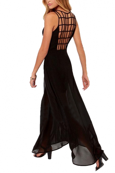 Sexy Checker Cutout Back Sleeveless Chiffon Longline Dress ...
