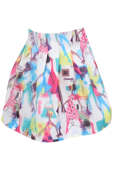 Shopping Girl Print White High Waist Organza Skirt