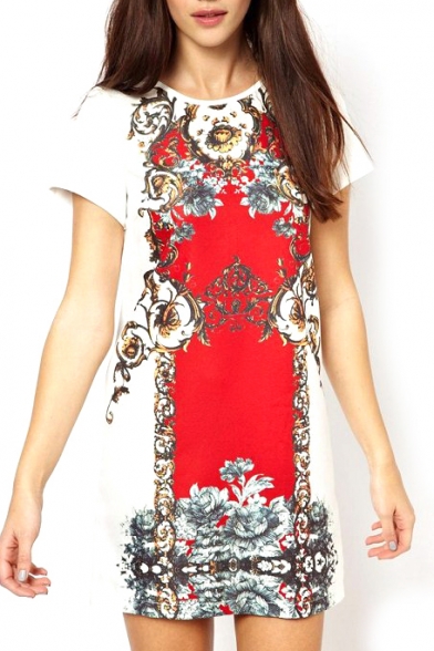 White Background Red Vintage Flower Print Ethnic Style Short Sleeve Dress