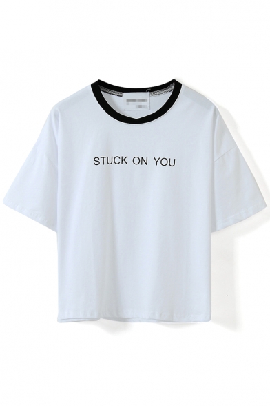 White Short Sleeve Stuck On You Print Crop T-Shirt