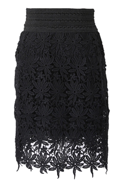 Black Delicate Lace Crochet Pencil Skirt