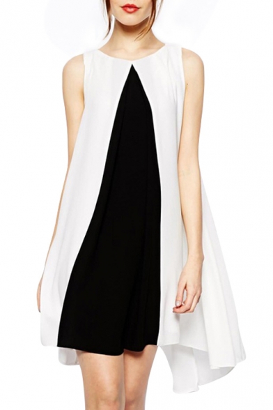 Black Insert Front Mono Style Sleeveless Asymmetric Hem Dress