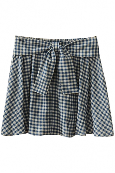 Blue Gingham Bow Tie Waist Comfort A-line Skirt - Beautifulhalo.com