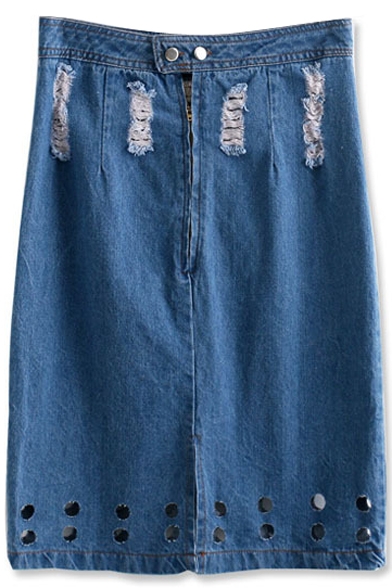 Blue Ripped Cutout Zip Fly Mid Denim Skirt