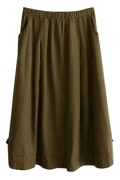 Dark Green Button Embellish Mori Girl Linen Midi Skirt