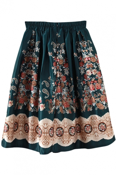 Dark Green Vintage Flower Midi A-line Skirt - Beautifulhalo.com