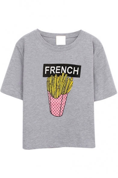 Gray Cartoon French Fries Print Crop T-Shirt