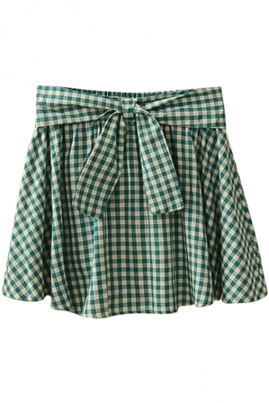 Green Gingham Bow Tie Waist Comfort A-line Skirt