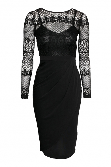 Mesh Sheer Sexy Long Sleeve Midi Dress with Keyhole Back ...