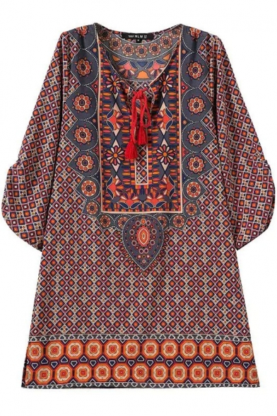 Red Round Neck 3/4 Sleeve Ethnic Geometry Pattern Print Shift Dress